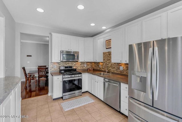 59 Inwood Dr, Manalapan, NJ 07726 - kitchen featuring appliances with stainless steel finishes, a sink, tasteful backsplash, white cabinets, and recessed lighting
