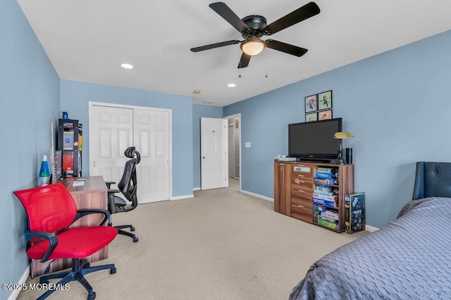 59 Inwood Dr, Manalapan, NJ 07726 - carpeted bedroom with baseboards, a closet, a ceiling fan, recessed lighting, and a desk
