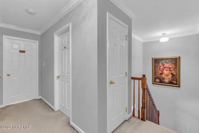 59 Inwood Dr, Manalapan, NJ 07726 - hall with an upstairs landing, ornamental molding, light carpet, and baseboards