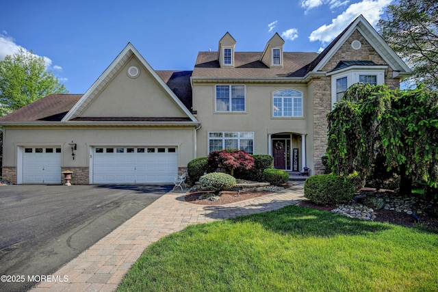 view of front of home with stone siding, stucco siding, driveway, and a garage