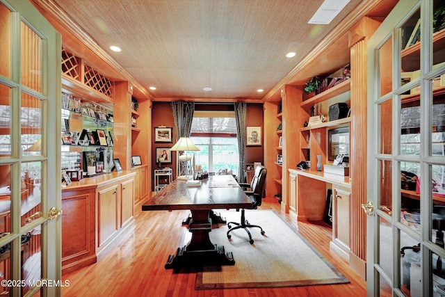 office area featuring light wood-type flooring, recessed lighting, wooden ceiling, ornamental molding, and built in features