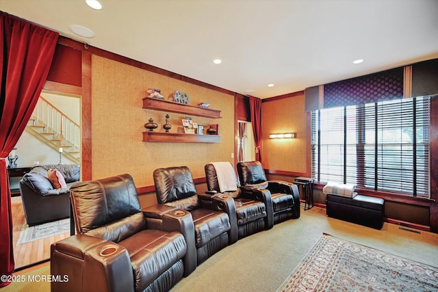 home theater room with carpet and recessed lighting
