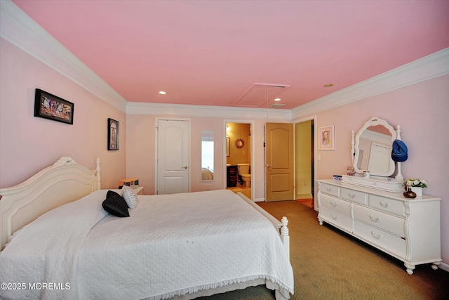 carpeted bedroom featuring attic access, ornamental molding, connected bathroom, and recessed lighting