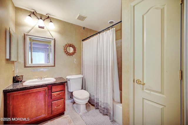 full bath with toilet, tile patterned floors, vanity, and shower / bath combo with shower curtain