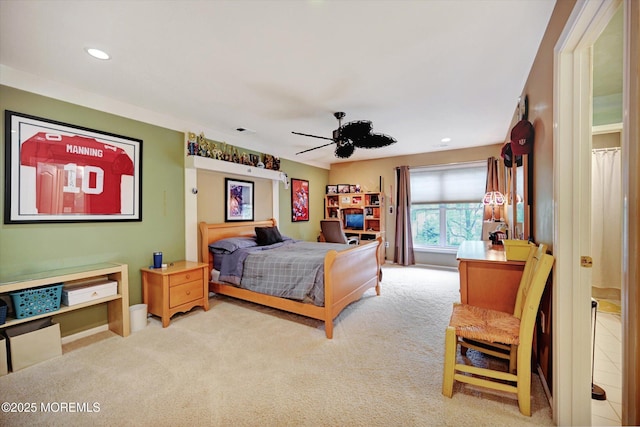 bedroom with carpet, recessed lighting, and a ceiling fan