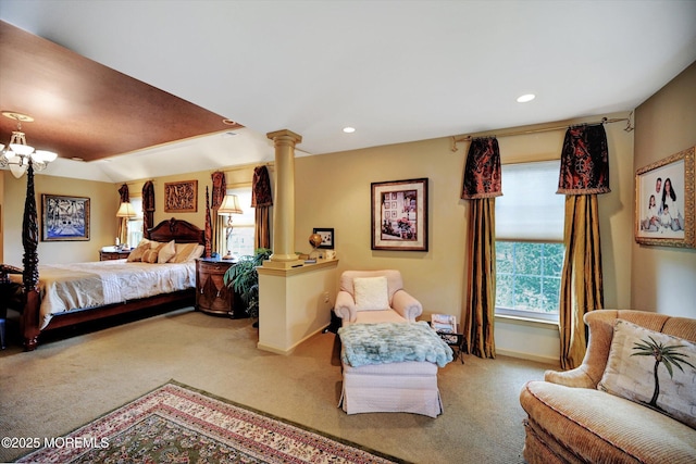 bedroom with carpet, ornate columns, multiple windows, baseboards, and recessed lighting