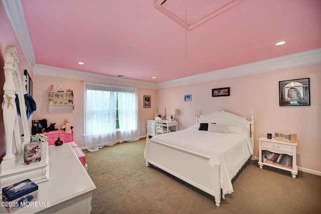 carpeted bedroom with attic access, ornamental molding, baseboards, and recessed lighting