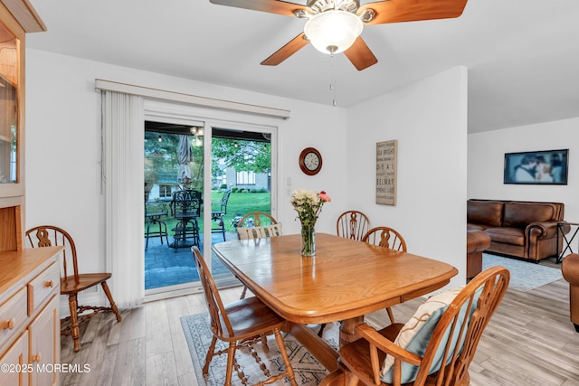 dining area featuring light wood-style flooring and ceiling fan