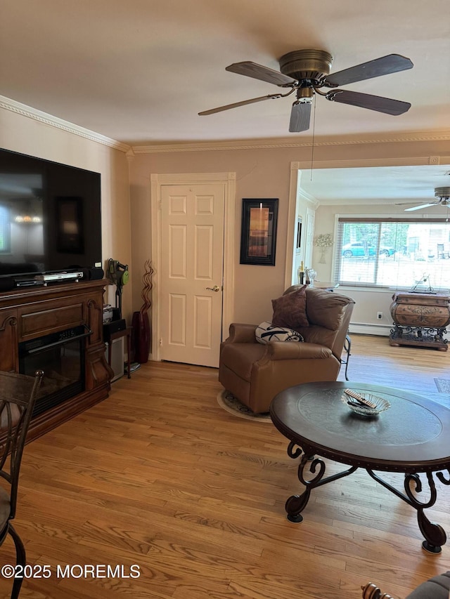 16B Robin St Unit 16B, Manchester, NJ 08759 - living room featuring ornamental molding, a ceiling fan, a baseboard radiator, and light wood finished floors