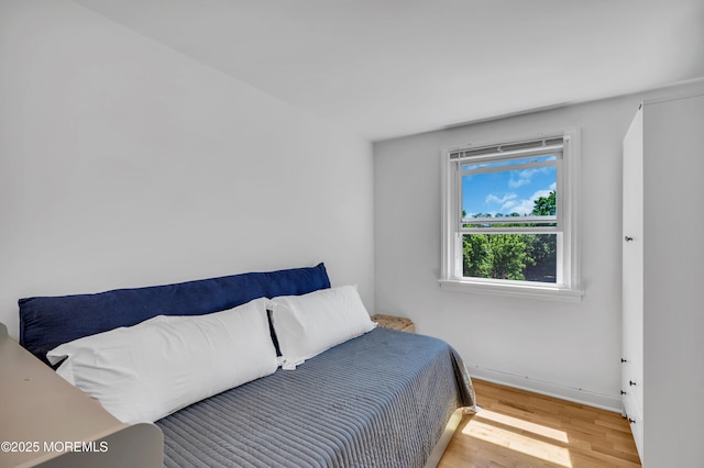 bedroom featuring wood finished floors and baseboards