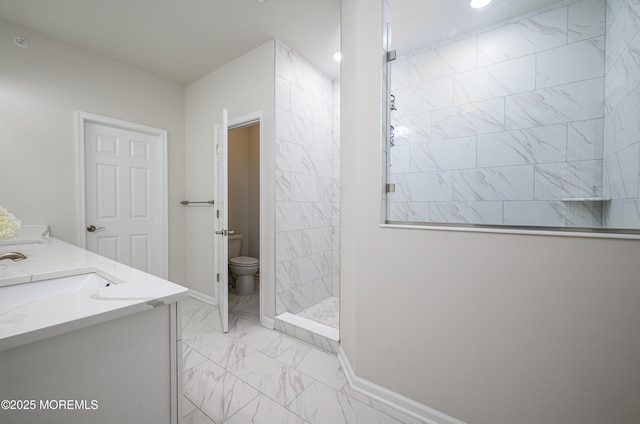 full bathroom with marble look tile flooring, walk in shower, toilet, baseboards, and double vanity