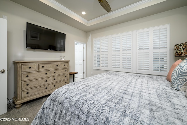 bedroom featuring crown molding, dark colored carpet, recessed lighting, and a ceiling fan