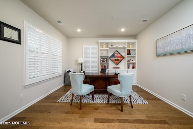 office area featuring wood finished floors, recessed lighting, and baseboards