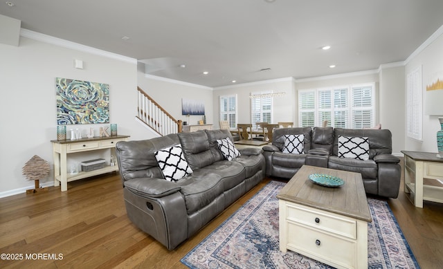 living area with stairway, wood finished floors, crown molding, recessed lighting, and baseboards