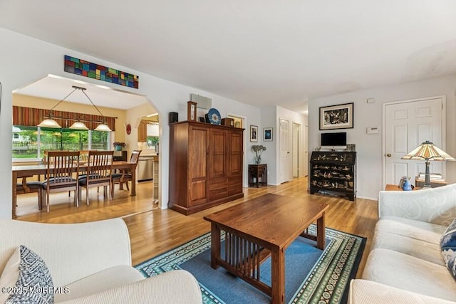 living area featuring wood finished floors and arched walkways