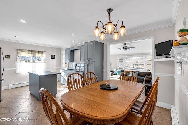 dining space with baseboard heating, a ceiling fan, light tile patterned flooring, a chandelier, and crown molding