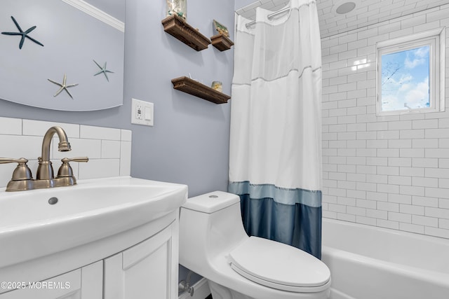 full bathroom with toilet, backsplash, vanity, and shower / bath combo with shower curtain
