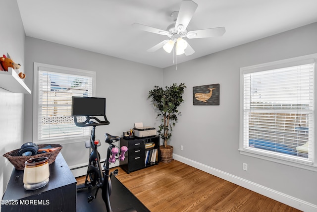 office area featuring wood finished floors, a ceiling fan, and baseboards