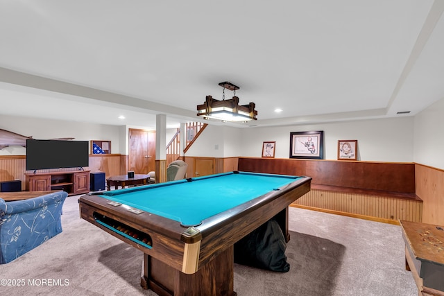 game room with carpet, a wainscoted wall, wood walls, billiards, and recessed lighting