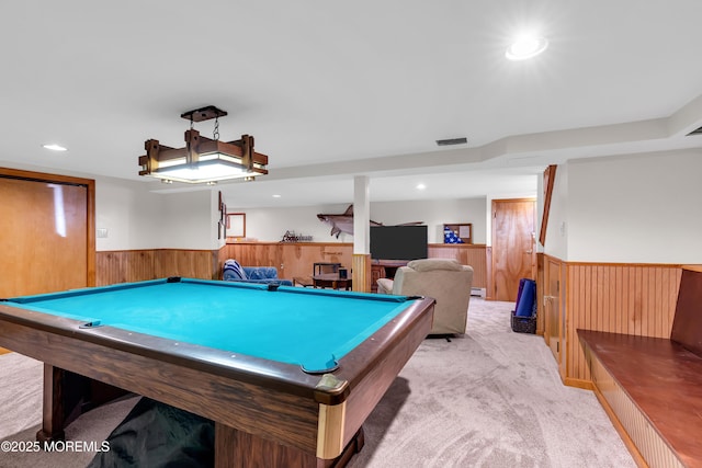 playroom featuring wainscoting, light carpet, wood walls, billiards table, and recessed lighting