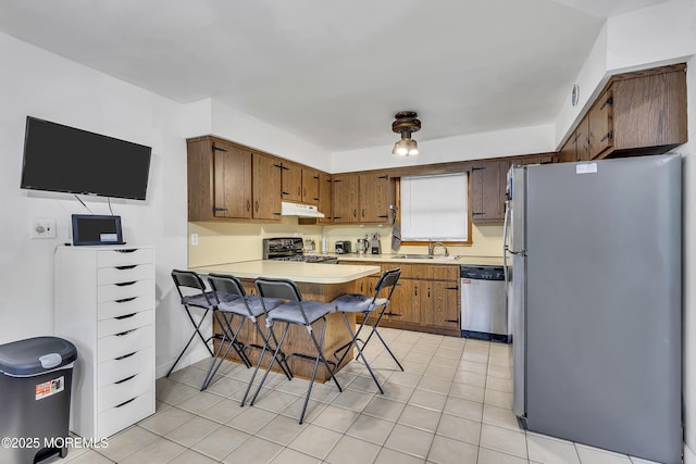 441 E Bird Village Rd, Jackson, NJ 08527 - kitchen with appliances with stainless steel finishes, a sink, a peninsula, under cabinet range hood, and light countertops