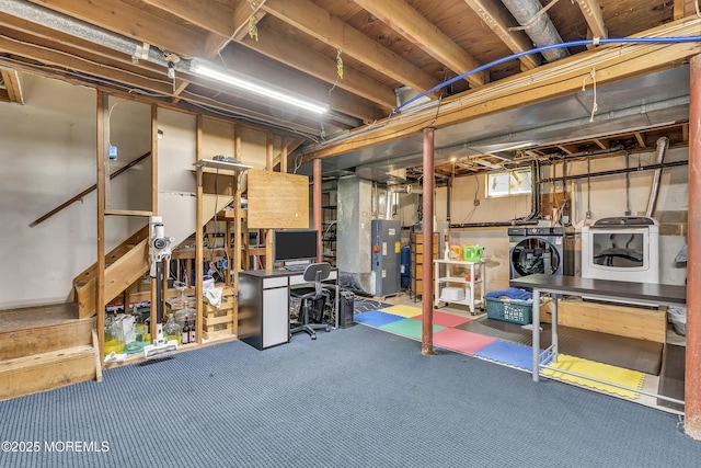 441 E Bird Village Rd, Jackson, NJ 08527 - below grade area featuring washing machine and dryer, carpet floors, stairway, and heating unit