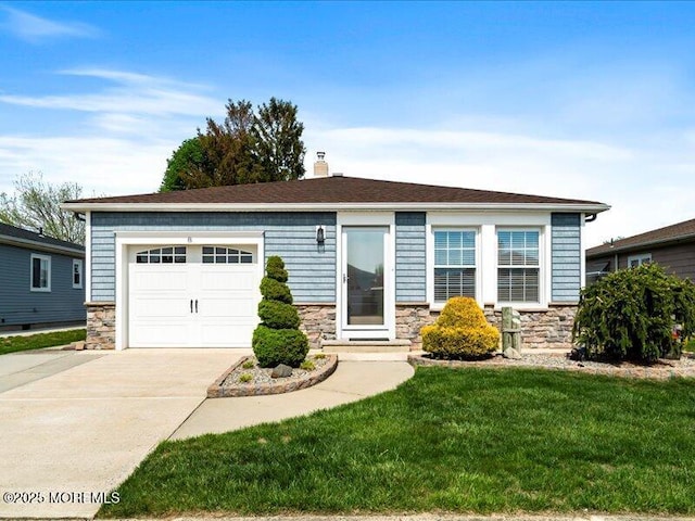 single story home with stone siding, driveway, a chimney, and a front yard