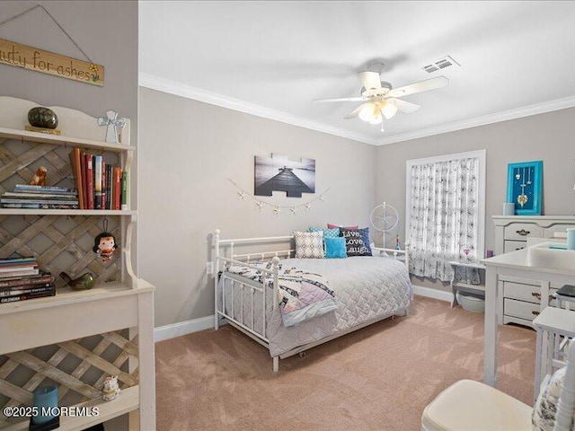 bedroom with crown molding, light colored carpet, baseboards, and a ceiling fan
