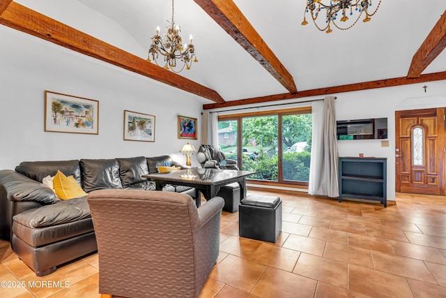 living area featuring a chandelier and light tile patterned flooring