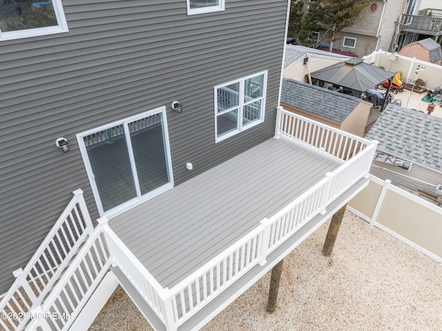 42 W Mohawk Dr, Little Egg Harbor, NJ 08087 - wooden deck featuring a fenced backyard, stairs, and a patio
