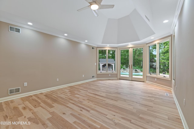 empty room with ornamental molding, recessed lighting, ceiling fan, light wood-type flooring, and baseboards
