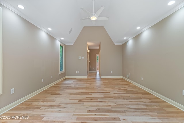 unfurnished living room featuring recessed lighting, crown molding, a ceiling fan, light wood finished floors, and baseboards