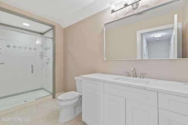 full bath with toilet, a stall shower, tile patterned flooring, and vanity