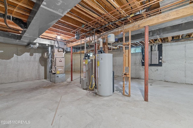 unfinished basement with water heater, heating unit, and electric panel
