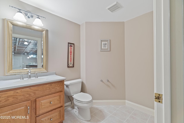 half bathroom featuring tile patterned flooring, baseboards, toilet, and vanity