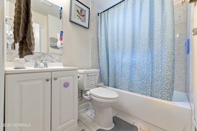 bathroom featuring tile patterned floors, shower / tub combo, toilet, and vanity