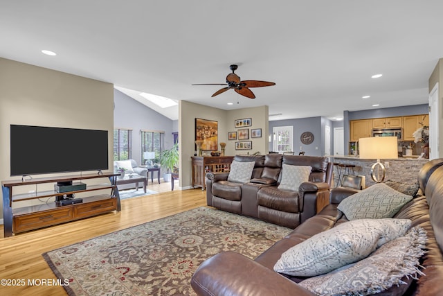 13 Dori Ln, Barnegat, NJ 08005 - living room with ceiling fan, a skylight, light wood-style floors, recessed lighting, and vaulted ceiling
