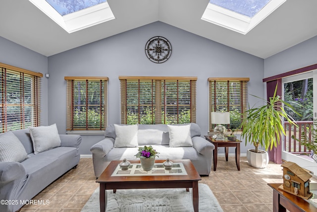13 Dori Ln, Barnegat, NJ 08005 - tiled living room featuring a skylight and high vaulted ceiling