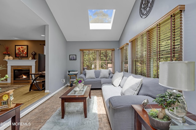 13 Dori Ln, Barnegat, NJ 08005 - tiled living room with a skylight, a fireplace, and vaulted ceiling