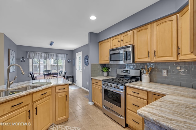 13 Dori Ln, Barnegat, NJ 08005 - kitchen with stainless steel appliances, a sink, light brown cabinets, backsplash, and recessed lighting