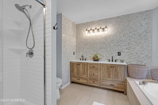13 Dori Ln, Barnegat, NJ 08005 - bathroom featuring a shower stall, a bath, toilet, and double vanity