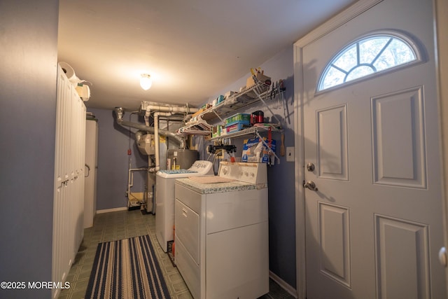 laundry area featuring independent washer and dryer, water heater, and baseboards