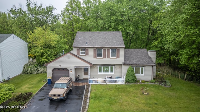 view of front of property featuring driveway, an attached garage, a front yard, a shingled roof, and covered porch