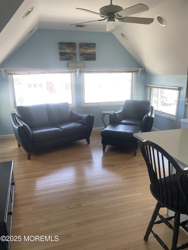 100 Vance Ave, Lavallette, NJ 08735 - living area featuring vaulted ceiling, a ceiling fan, healthy amount of natural light, recessed lighting, and baseboards
