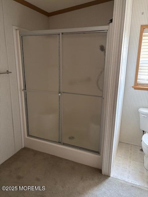 bathroom with toilet, a shower stall, and ornamental molding
