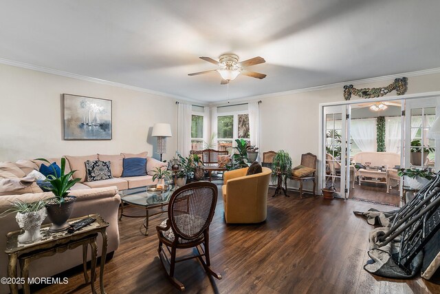 23 Lambeth Ln, Manchester, NJ 08759 - living area featuring ceiling fan, french doors, dark wood-type flooring, and crown molding