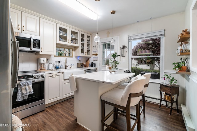 23 Lambeth Ln, Manchester, NJ 08759 - kitchen featuring stainless steel appliances, a sink, glass insert cabinets, light countertops, and a kitchen bar