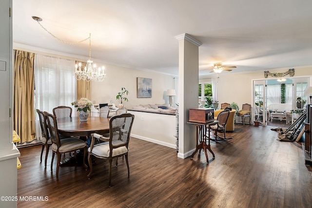 23 Lambeth Ln, Manchester, NJ 08759 - dining room with crown molding, ceiling fan, dark wood-style flooring, a chandelier, and baseboards