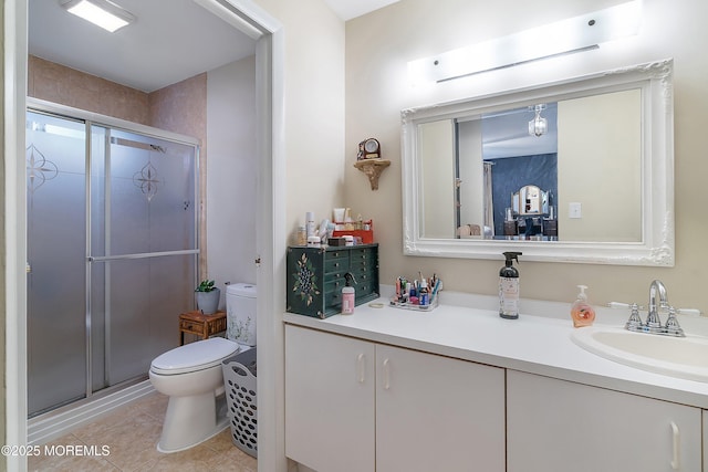 23 Lambeth Ln, Manchester, NJ 08759 - bathroom featuring a shower stall, toilet, tile patterned flooring, and vanity