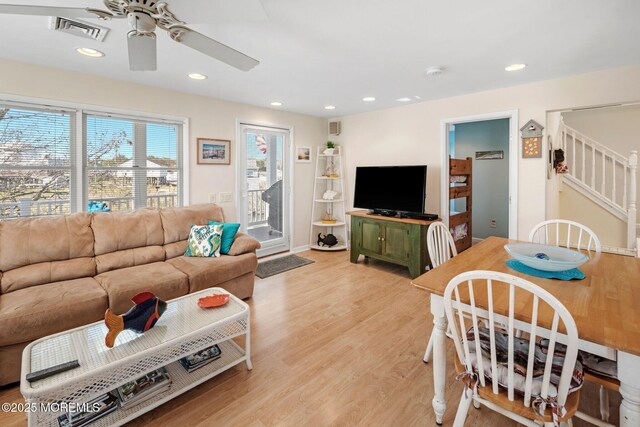 1255 W Mallard Dr, Stafford, NJ 08050 - living room with a ceiling fan, light wood finished floors, stairway, and recessed lighting